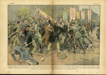 Ilustración de Eugène Damblans (1865-1945) en Le Pèlerin, 27/06/37 - La esvástica contra la cruz de Cristo en la Alemania hitleriana - Alemania, Prusia, religión, fe, multitud, lucha, rectificación, esvástica, cruz cristiana, católico, catolicismo