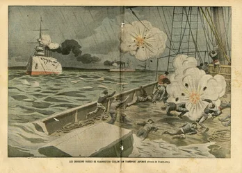Ilustración de Eugene Damblans (1865-1945) en Le Pelerin, 28/02/04 - Los cruceros rusos de Vladivostok hunden un transporte japonés - Ejército, Marina Marítima, Guerra Ruso-Japonesa, Buques de Guerra, Vladivostok - Marineros