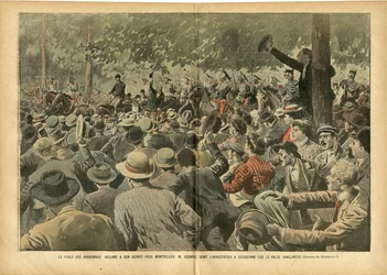 Ilustración de Eugène Damblans (1865-1945) en Le Pèlerin, 30/06/07 - La multitud del Narbonnais aclama al hombre de Montpellier M. Ferroul, cuyo arresto provocó jornadas sangrientas - Sociedad, vino, crisis del vino, revuelta de los viticultores, Narbona