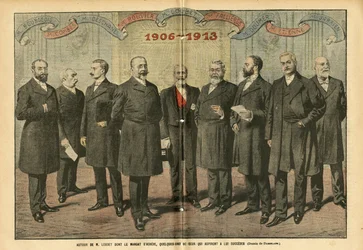 Ilustración de Eugene Damblans (1865-1945) en Le Pelerin, 31/12/05 - Alrededor de M. Loubet dona los términos finales, algunos de los que aspiran a sucederlo - Elecciones, Presidente de la República - Combes Emile (1835-1921), Doumer Paul (1857-1932), Rouv