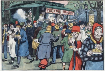 En París, un vendedor de papas fritas, alentado por el gobierno, recorre los diversos barrios para animar a la población a comer pescado. Ilustración de Damblans. En "Le Pelerin" del 11 de abril
