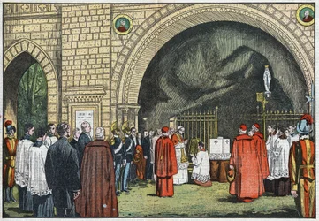 Frente a la "Gruta de Lourdes", en los jardines del Vaticano, el Papa Pío XI bendijo la primera piedra del Colegio de Propaganda que se levantaría en el Janículo. Ilustración de Damblans. En "Le Pelerin" del 3 de junio