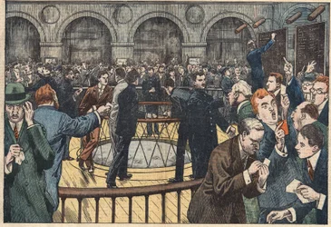 Vista interna de la Bolsa de París. Ilustración de Damblans. En "Le Pelerin" del 5 de diciembre