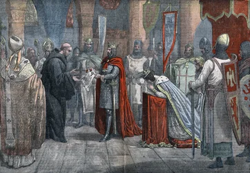 Luis VII el Joven (1120 - 1180), Rey de Francia, partiendo para la 3ª cruzada con Alienor de Aquitania (1122-1204) (o Eleonore de Guyenne), entregó los poderes de regencia al sabio y erudito Suger, abad de la abadía de Saint Denis cerca de París. Dibujo