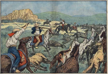 Campesinos mexicanos disparan a caballos salvajes para evitar la crisis alimentaria en su país. Llanuras de El Paso, México. Ilustración de Damblans. En “Le Pèlerin” del 6 de octubre