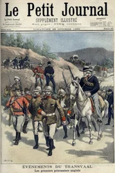 Sudáfrica - Guerra de los Bóers. Eventos en Transvaal. Primeros prisioneros ingleses capturados por los bóers. Dibujo de Damblans. "Le Petity Journal", 29 de octubre