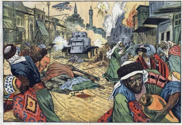 Los drusos (Druses) saquearon las calles de Damasco (Siria) durante el ataque a la ciudad por aviones y una ametralladora automática de las tropas francesas del general Maurice Sarrail (1856-1929). Ilustración de Damblans. En "Le Pelerin" del 15 de noviemb