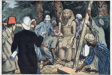 La misión arqueológica francesa descubre una estatua de Sesostris III adolescente que será llevada al Louvre. Medamud, antigua Tebas, Egipto. Ilustración de Damblans. En "Le Pèlerin" del 22 de noviembre