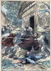 El sacerdote francés Berthollet (1865-1898), sacerdote de las Misiones Extranjeras, fue asesinado por guardias nacionales chinos cerca de la ciudad de Yun Ngan Cheou el 21 de abril de 1898. Ilustración de Damblans en "Le Pelerin" del 10 de julio