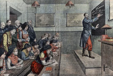 La primera clase en francés en Alsacia es reconquistada. Ilustración de Damblans. En "Le Pèlerin" de 1914.