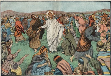 La multiplicación de los panes: en las orillas del lago Tiberíades, Jesucristo (Jesucristo) satisface a la población multiplicando cinco panes de cebada y dos peces. Ilustración de Damblans. En “Le Pèlerin” del 18 de marzo