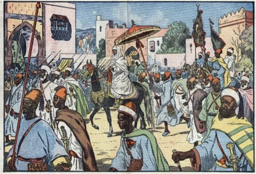 El nuevo sultán de Marruecos, Moulay Mohammed, hace su entrada en la ciudad de Rabat. Ilustración de Damblans. En “Le Pèlerin” del 4 de diciembre.