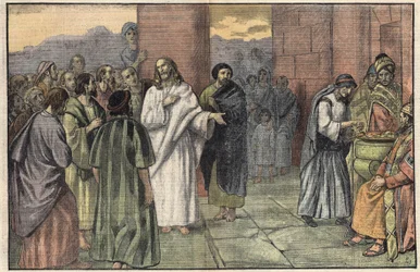 La ofrenda de la viuda. Evangelio según San Marcos, capítulo 12, v. 41-44. Ilustración de Damblans. En “Le Pelerin” del 28 de junio