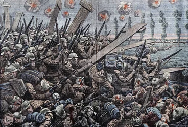 Guerra 1914-1918. Frente de Bélgica 1914. Soldados alemanes en el Yser. Dibujo de Damblans.
