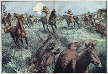 Caballos salvajes son sacrificados en los Estados Unidos. Ilustración de Damblans. En "Le Pelerin" del 31 de enero.