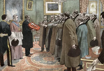 delegados de la república andorrana con el obispo de Urgel prestando juramento de obediencia a Francia, ilustración de Damblans del periódico "Le Pelerin" 3 de mayo