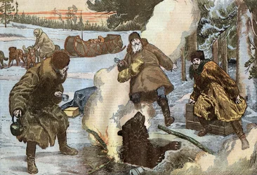misioneros preparando té mientras un oso aparece de repente del hielo, ilustración de Damblans del periódico francés "Le Pelerin" 23 de agosto