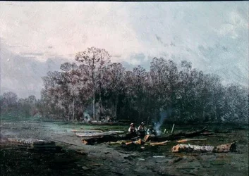 Paisaje brumoso con leñadores