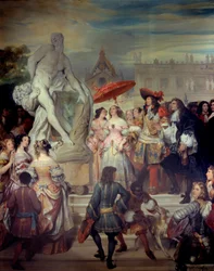 Pierre Puget (1620-1694) presenta su estatua Milón de Crotona a Luis XIV (1638-1715) en los jardines del castillo de Versalles. Pintura de Eugene Deveria (1808-1865)
