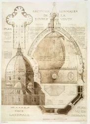 Plano, sección y alzado de la catedral de Florencia, de «Fragmentos de arquitectura de la Edad Media y del Renacimiento», grabado por Jules Adolphe Chauvet (n. 1828)