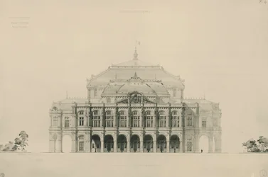 Francia, París, Diseños presentados por Viollet le Duc en competencia para la construcción de la nueva ópera de París