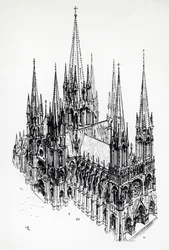 Vista isométrica de una catedral ideal, dibujo de Eugène Emmanuel Viollet-le-Duc (1814-1879) del Diccionario de arquitectura francesa del siglo XI al XVI