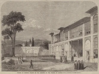 Desfile de tropas persas en los jardines del Palacio de Shiraz