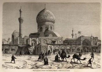 La Plaza Marche y la Mezquita Ahmet Khiaia en Bagdad, dibujo de Eugene Flandin (1809-1876), para ilustrar su viaje a Mesopotamia en 1840-1842. Grabado en “Le tour du monde” 1861. Colección de Selva.