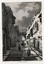 La rue des chevaliers, en Rodas, dibujo de Eugene Flandin, para ilustrar su viaje a la isla de Rodas en 1844. Grabado en “Le tour du monde”, editado por Edouard Charton