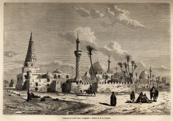 La tumba del jeque Omar, en Bagdad, dibujo de Eugene Flandin (1809-1876), para ilustrar su viaje a Mesopotamia en 1840-1842. Grabado en "Le tour du monde" 1861. Colección de Selva