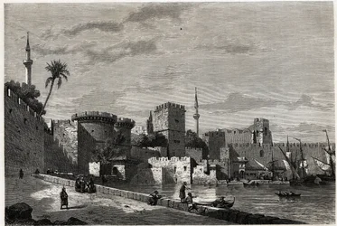 La vista del puerto de Rodas y la puerta de Aubusson, dibujo de Eugene Flandin, para ilustrar su viaje a la isla de Rodas en 1844. Grabado en "Le tour du monde", editado por Edouard Charton