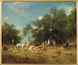 Jinetes árabes se detienen en un bosque (pintura sobre lienzo)