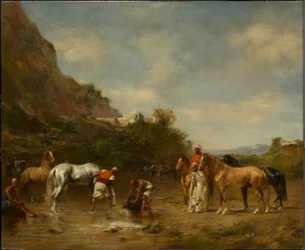 Árabes abrevando a sus caballos