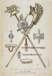 Accesorios del guerrero galo: estandarte decorando un saglier, el casco y el cuerno de guerra (carnyx) - en “Cuadernos de Enseñanza Ilustre, Trajes de Guerra de la Edad del Bronce y la Edad Gala”, ed. Grasset
