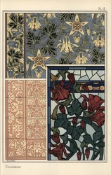 Aguileña, Aquilegia vulgaris, flor en patrones para papel tapiz, vidrieras y azulejos