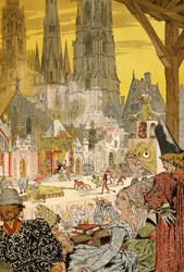 Representación de un misterio en el patio de la catedral, ilustración para Notre-Dame de París de Victor Hugo (1802-1885).