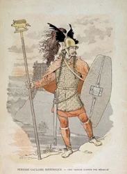 Líder galo (después de una medalla): sosteniendo una “bandera” decorada con un jabalí - en “Cuadernos de Enseñanza Ilustre, Trajes de Guerra de la Edad del Bronce y la Edad Gala”, ed. Grasset