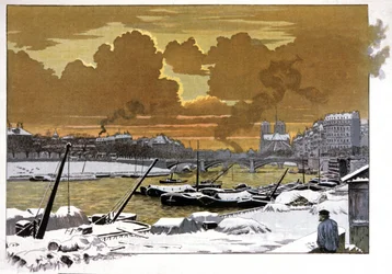 París, barcazas bajo la nieve en el Pont de Sully, c.1905