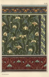 Campanilla de invierno, Galanthus nivalis, como motivo de diseño en papel tapiz, bordes y telas