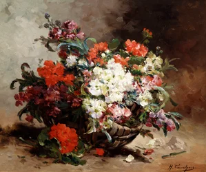 Flores de verano en una cesta. Pintura de Eugene Henri Cauchois (1850-1911 francés) Colección particular