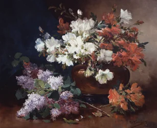 Naturaleza muerta con lilas. Pintura de Eugene Henri Cauchois (1850-1911) Colección particular.