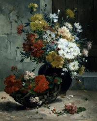 Naturaleza muerta de flores de verano (geranios y margaritas). Pintura de Eugene Henri Cauchois (1850-1911) Colección particular.
