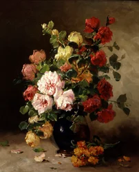 Bodegón de rosas y clavo. Pintura de Eugene Henri Cauchois (1850-1911) Colección particular.
