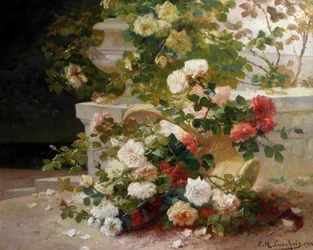 Cesta de rosas. Pintura de Eugene Henri Cauchois (1850-1911) Colección particular.