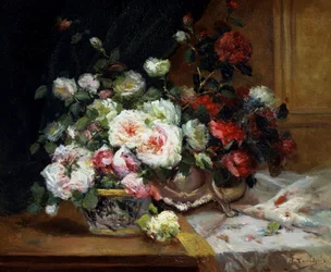 Olla de rosas. Pintura de Eugene Henri Cauchois (1850-1911 Francés) Colección particular