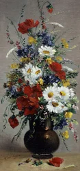 Bodegón de acianos, margaritas y amapolas. Peinture de Eugene Henri Cauchois (1850-1911 Francés) Collection privee