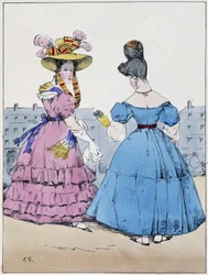 Dos mujeres elegantes, bulevar de la Ópera - en “Recuerdos de un paseante” de Eugène Forest, ed. Delpech, París, c.1830