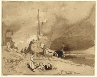 Bord de Plage (Barcos de pesca en una playa, nubes de tormenta a lo lejos)