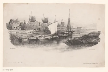 Puerto con barcos y molinos de viento Chapa el Canal Memorias de Eugène Isabey (título de la serie) Souvenirs d