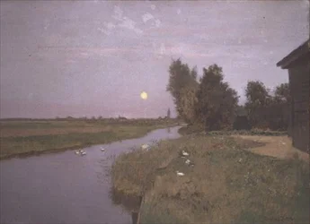 Paisaje con patos en un río